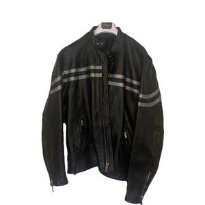 Vintage Cafe Motorcycle Jacket Black Leather Silver Racing Stripes 52